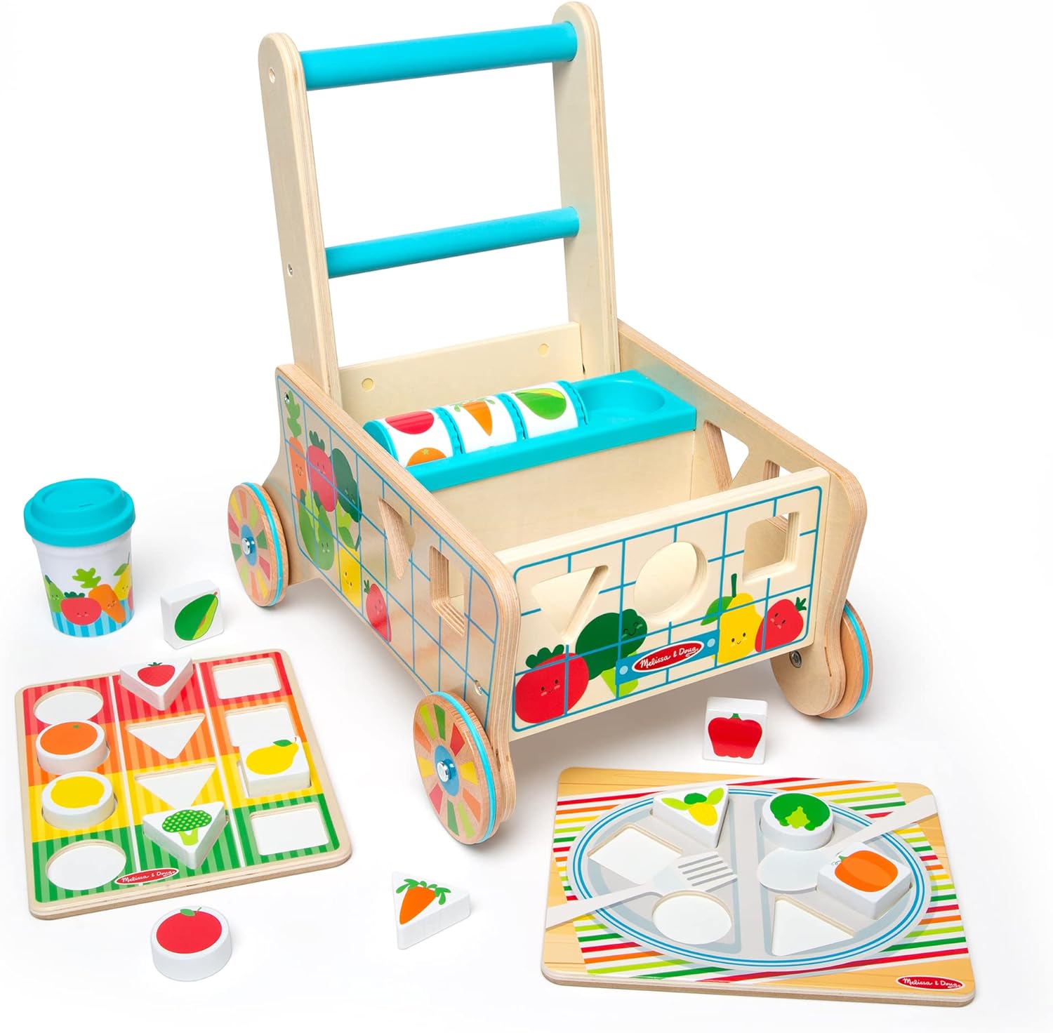 Melissa & Doug Wooden Shape Sorting Grocery Cart Push Toy and Puzzles